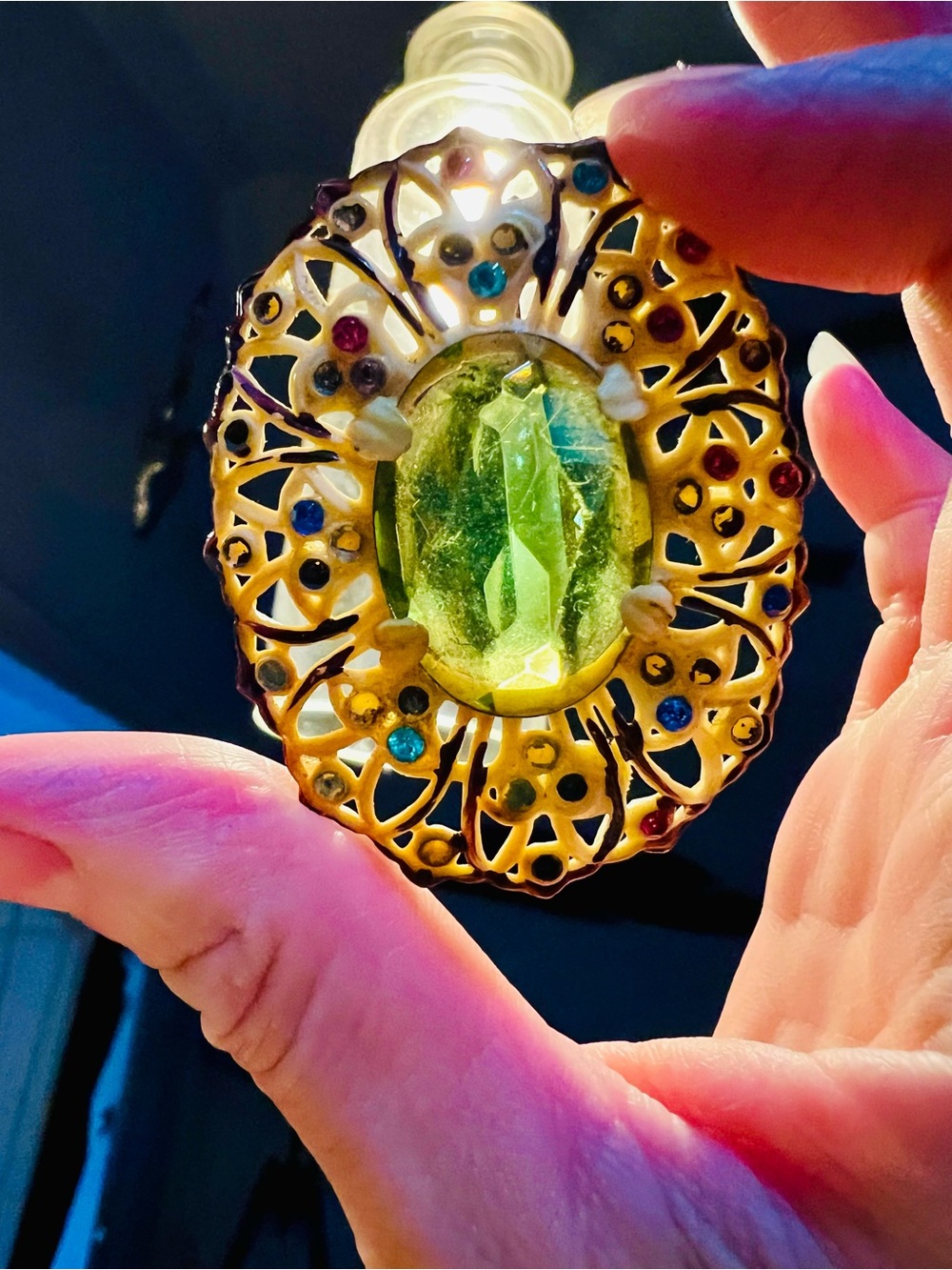 Antique Art Deco Green and Multicolor Filigree Brooch read below